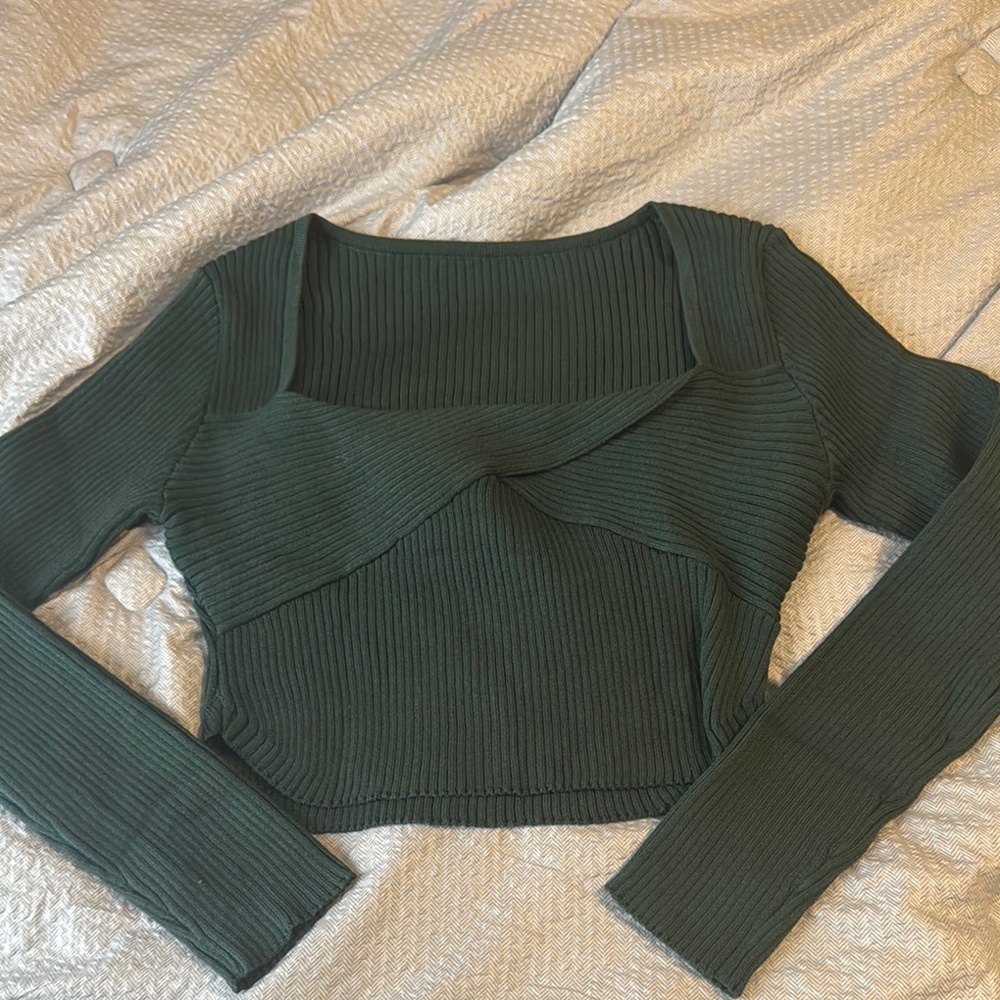Green Crop Asymmetrical Ribbed Long Sleeve Top